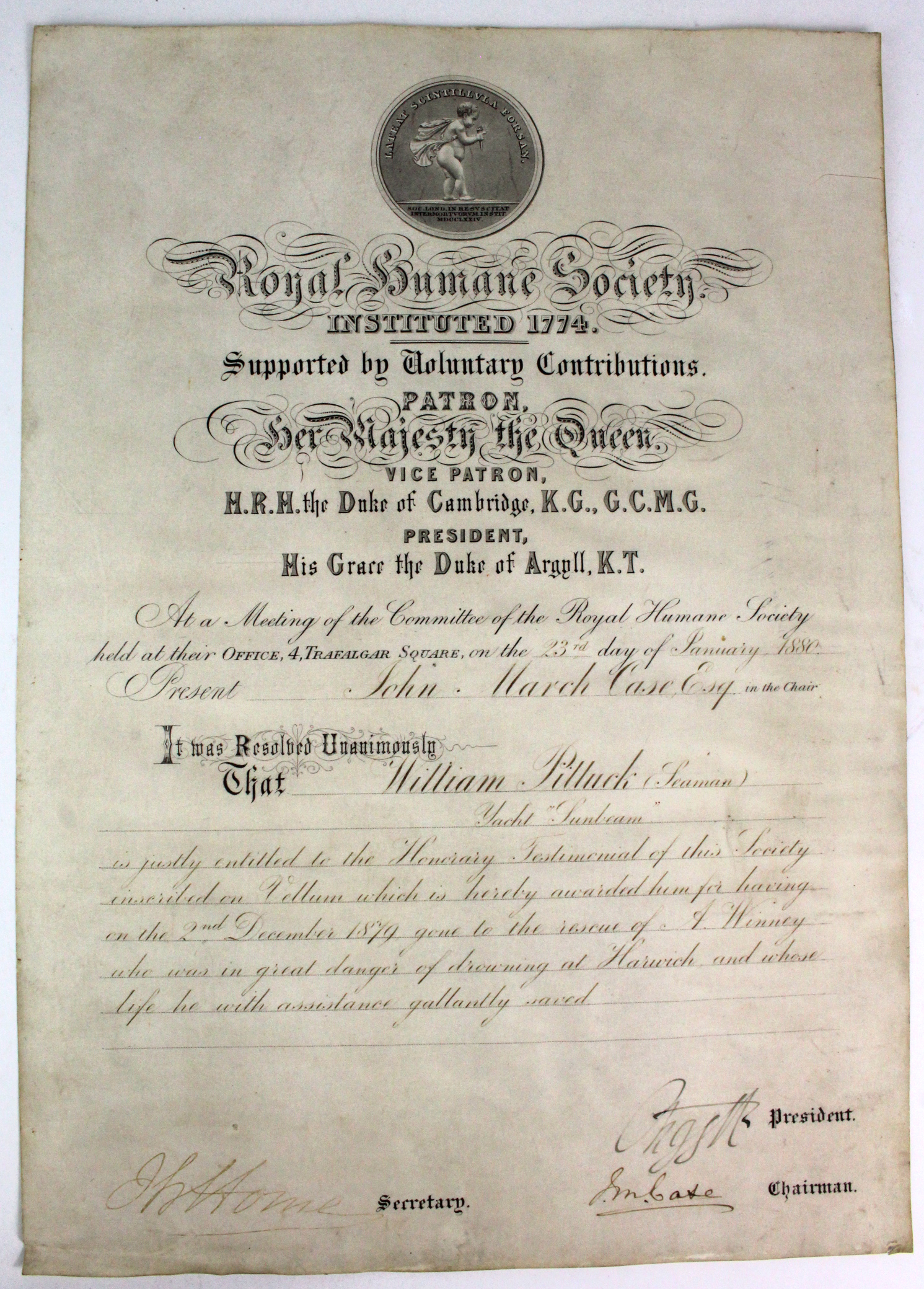 Life Saving Certificate on Vellum from the Royal Humane Society to William Pittuck for saving A.