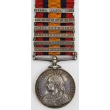 QSA with bars CC/OFS/Jo/DH/Bel/SA01 named (1097 Pte W Morgan Welsh Regt), top clasp loose. Confirmed