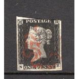 GB 1840 1d Penny Black (N-E) identified as likely Plate 2, 3.5 margin but design cut into at top-