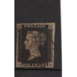 GB 1840 1d Penny Black (D-L) identified as likely Plate 4, 4 margins, no tears thins or creases,