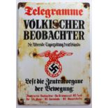 German WW2 small Volkischer Beobachter enamel wall plaque. Some age wear and light rusting.