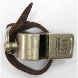 WW1 1914 dated trench whistle made by J Hudson Birmingham with leather lanyard.