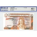 Gibraltar 20 Pounds dated 1st July 1986, serial A999210, (TBB B121c, Pick23c) in WBG holder graded