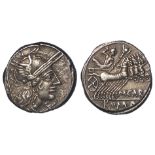 Roman Republican silver denarius, struck 122 B.C. of M.Papirius Carbo, obverse:- Helmeted head of
