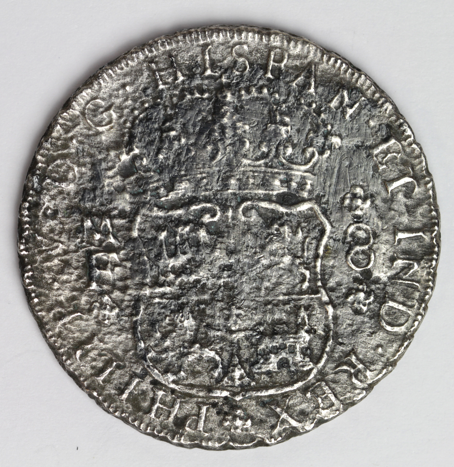 Spanish Mexico silver 8 Reales 1736 Mo MF, KM# 103, VF with heavy water damage on reverse (shipwreck - Image 2 of 2