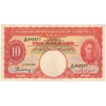 Malaya 10 Dollars dated 1st July 1941, portrait King George VI at right, serial E/64 042377 (TBB