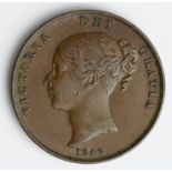 Penny 1843 OT, no colon after REG, scarce date, nVF, surface marks.