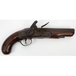 Pistol: A flintlock overcoat pistol circa 1800 requiring some attention. Octagonal barrel 6" with