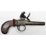 18th Century flintlock box lock pocket pistol with signed lock (safety catch loose and not holding
