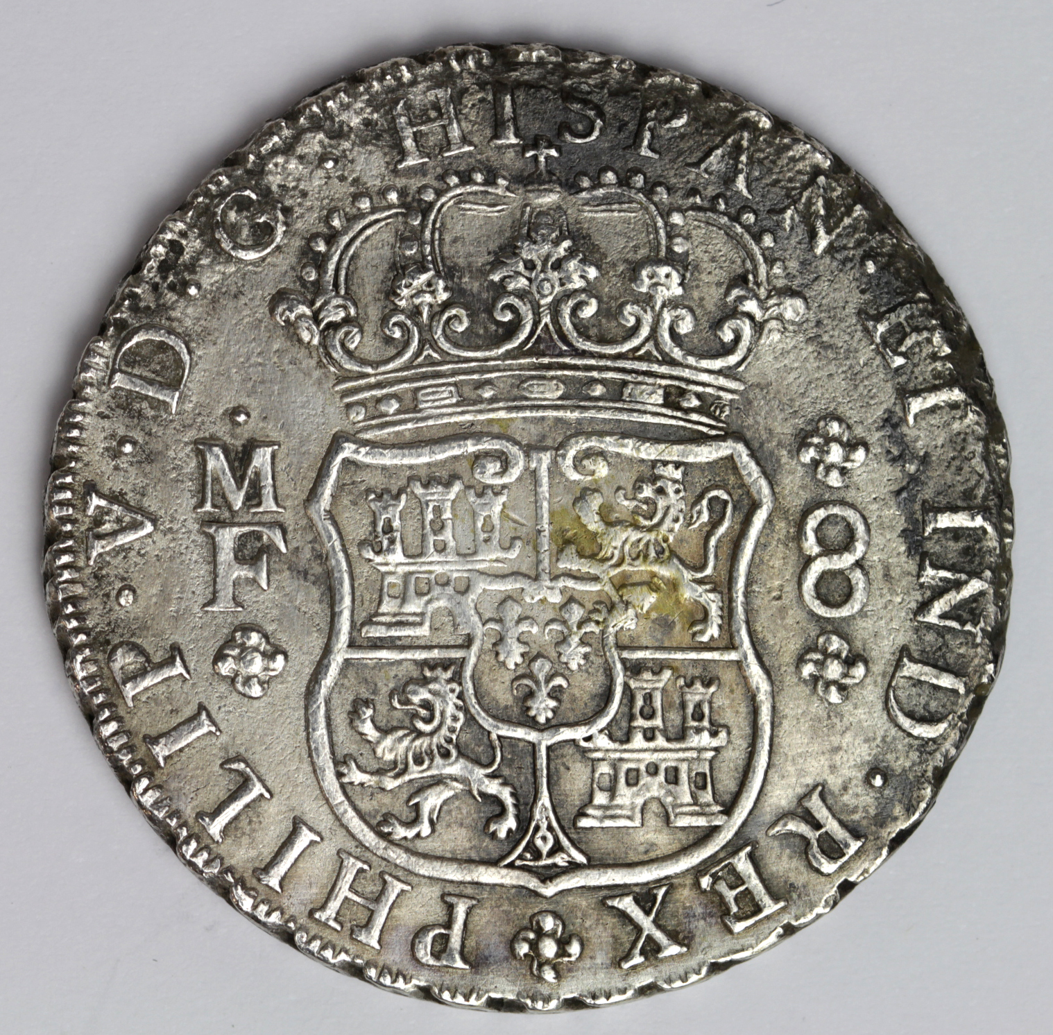 Spanish Mexico silver 8 Reales 1736 Mo MF, KM# 103, VF/GVF with some heavy water damage on top