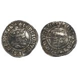 Henry VIII silver, First Coinage 1509-1526 halfgroat, with portrait of Henry VII, reverse reads:-