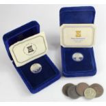 Isle of Man silver proof £1 coins 1978 and 1979 cased, and 5x coins 18th-20thC.