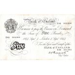 Peppiatt 5 Pounds dated 4th September 1944, serial E02 005384, London issue on thick paper (B255,
