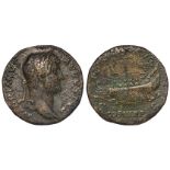 Hadrian brass sestertius, reverse:- Galley rowed left, over waves, by 5 oarsmen, at the stern we see