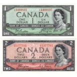 Canada (2), 1 Dollar & 2 Dollars dated 1954, both early issue notes with 'Devil's Face Hairdo', (TBB