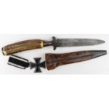 German dagger with antler handle, and leather scabbard. Blade etched 'Mein Lebensretter D.R.G.M.'