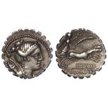 Roman Republican 'serrate' silver denarius, struck 79 B.C. of Ti.Claudius Ti.f. Ap.n.Nero, obverse:-