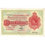 Falkland Islands 5 Pounds dated 30th January 1975, portrait Queen Elizabeth II at right, serial