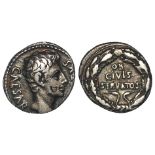Augustus silver denarius, Colonia Patricia Mint 19 B.C., reverse reads:- OB CIVIS SERATOS, in