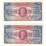 Malta 1 Shilling (2) issued 1943, a consecutively numbered pair of FIRST PREFIX notes, serial A/1