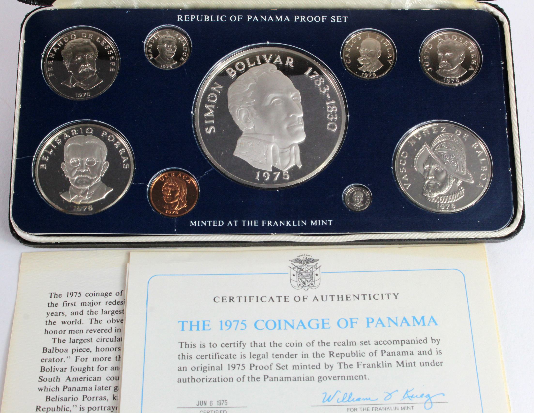 Panama Proof Set 1975 including much silver, FDC cased with cert.