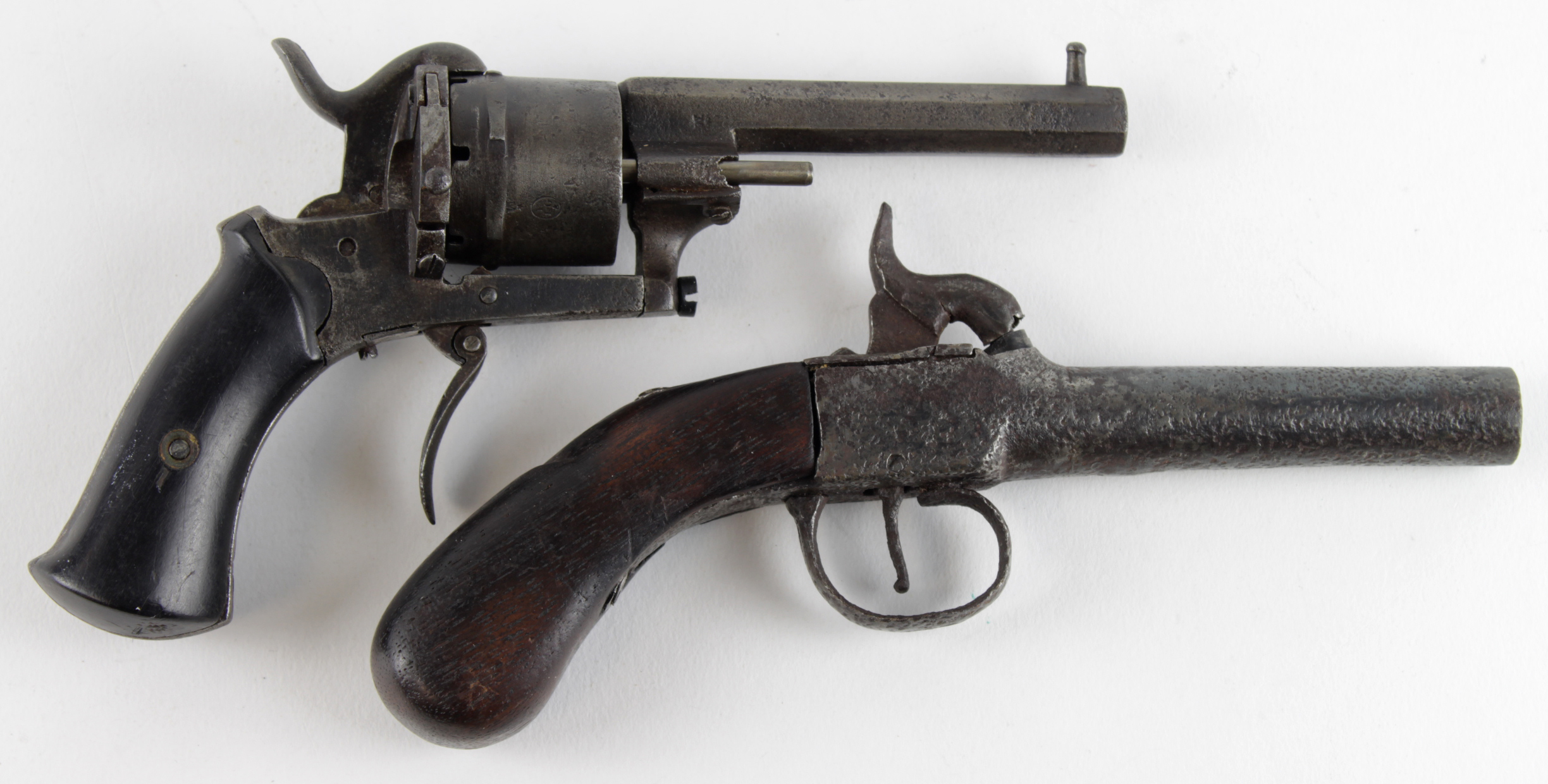 Small Belgian rim fire pistol, with a blacksmith made percussion pistol. Both in need of - Image 2 of 2