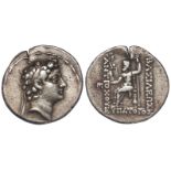 Ancient Greek silver tetradrachm of the Seleukid Kingdom, Antiochos V, Eupator, obverse:- Youthful