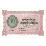 Seychelles 5 Rupees dated 7th April 1942, series A/3 41248, portrait King George VI at left, (TBB