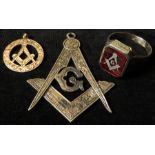 Masonic (3): 9ct gold pendant 1.5g, 10K white gold ring set with Masonic engraved red stone, and a