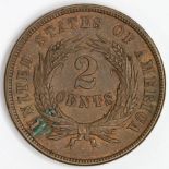 USA 2-Cent 1865 EF trace lustre, a spot of verdigris.