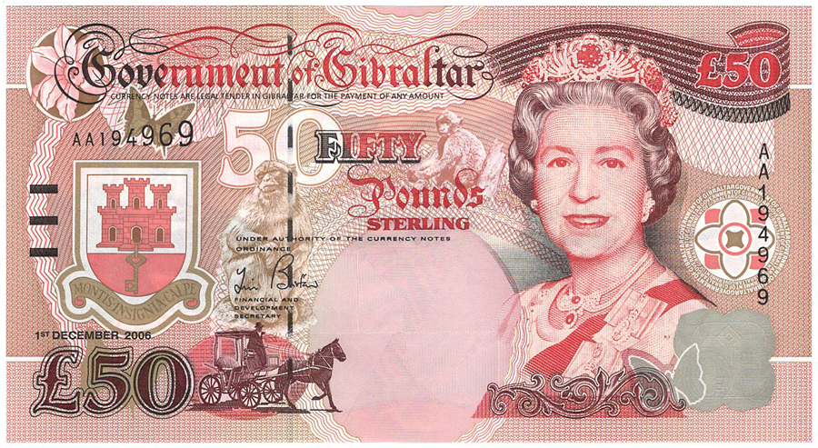 Gibraltar 50 Pounds dated 1st December 2006, Winston Churchill portrait on reverse, serial