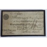 Birmingham Bank £1 Note 1805 (hole at central crease) framed.