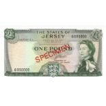 Jersey 1 Pound SPECIMEN note, issued 1963 signed Clennett, Queen Elizabeth II portrait, serial