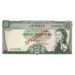 Jersey 1 Pound SPECIMEN note, issued 1963 signed Padgham, Queen Elizabeth II portrait, serial