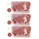 Fforde 10 Shillings (3) issued 1967, a consecutively numbered run of REPLACEMENT notes serial M75
