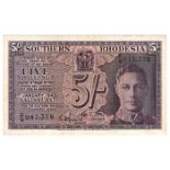 Southern Rhodesia 5 Shillings dated 1st January 1943, King George VI portrait at right, smaller