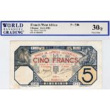 French West Africa 5 Francs dated 14th December 1922, serial H 1828 870, (TBB B101Dc2, Pick5Bb) a
