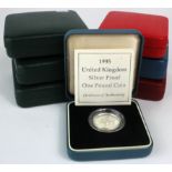 GB Silver Proof boxed items (7). Fifty Pence 1998 "NHS", One Pounds 1995, 1996 & 1997 (Piedfort),