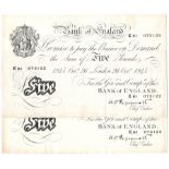 Peppiatt 5 Pounds (2) dated 26th October 1945, a consecutively numbered pair printed on thick paper,