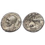 Roman Republican silver denarius, struck 112-111 B.C., of Ti. Quinctius, obverse:- Laureate bust