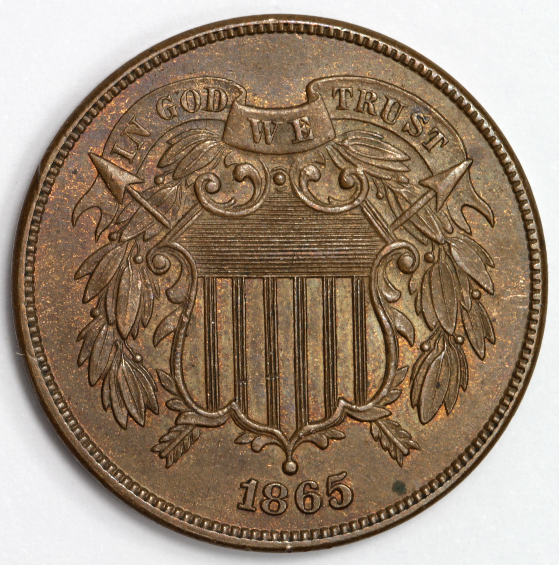 USA 2-Cent 1865 EF trace lustre, a spot of verdigris. - Image 2 of 2