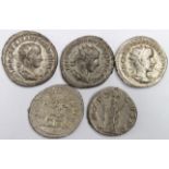 Gordian III silver antoniniani, first reverse:- Apollo, Sear 8643, couple of spots of green deposit,