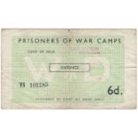 Prisoner of War camps note issued during WW2 for 6 Pence, R.A.F. Station Melksham camp, WD (War