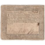 USA America Colonial Maryland 4 Dollars dated 7th December 1775, serial No. 1360, 2 tiny pinholes,