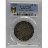 Halfcrown 1689 first shield, no frosting, with pearls, S.3434, slabbed PCGS VF35.