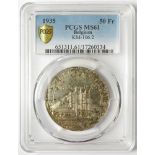 Belgium 50 Francs 1935, 'DE BELGIQUE', medal alignment, KM# 106.2, slabbed PCGS MS61