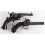 Small Belgian rim fire pistol, with a blacksmith made percussion pistol. Both in need of