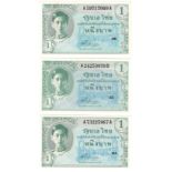 Thailand 1 Baht (3) issued 1946, (TBB B134a, Pick63), one with tiny corner fold aUNC, the rest UNC