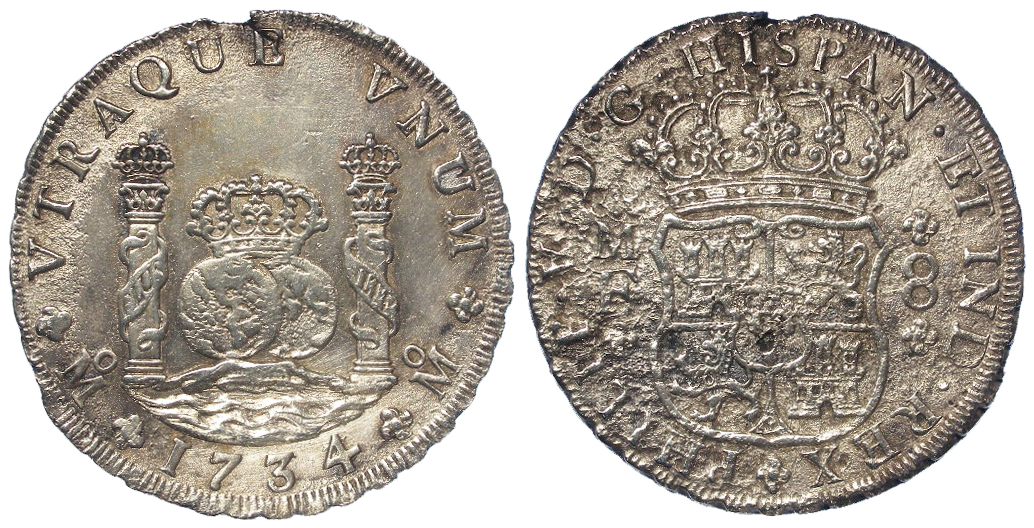 Spanish Mexico silver 8 Reales 1734/3 Mo MF, large planchet, KM# 103, VF, obverse better, with