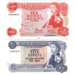 Mauritius (2), 10 Rupees and 5 Rupees issued 1967, serial A/41 880612 & A/44 590177, portrait